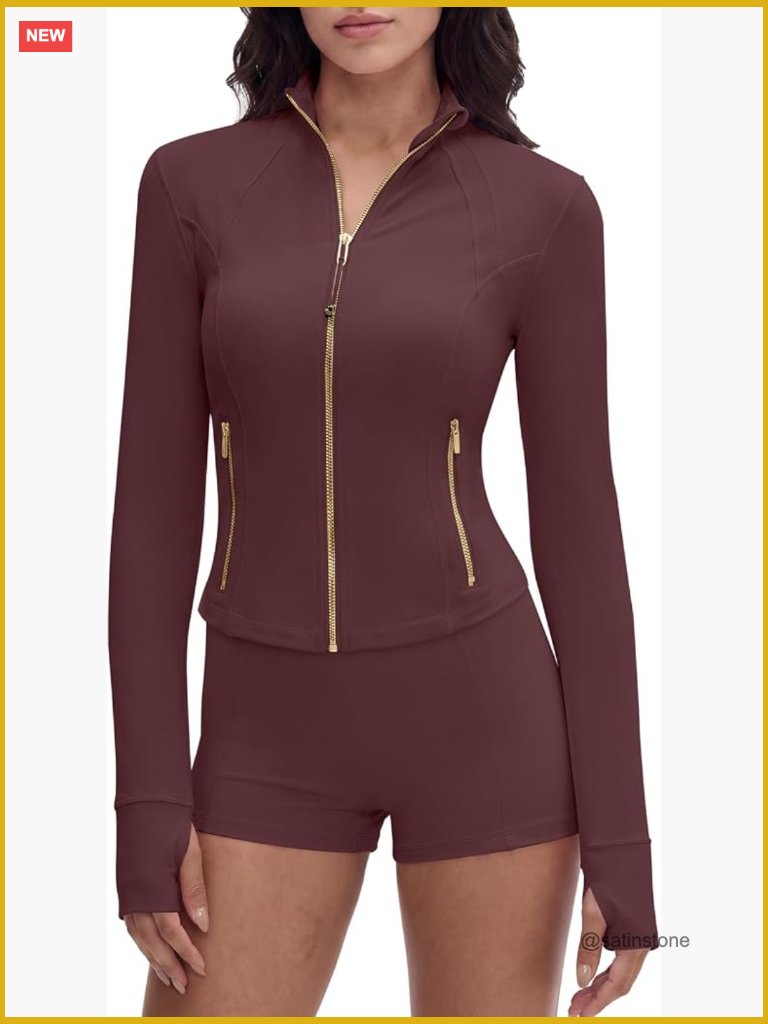 Full Zip Up Workout Cropped Jacket Lightweight Athletic Yoga Top Thumb Holes